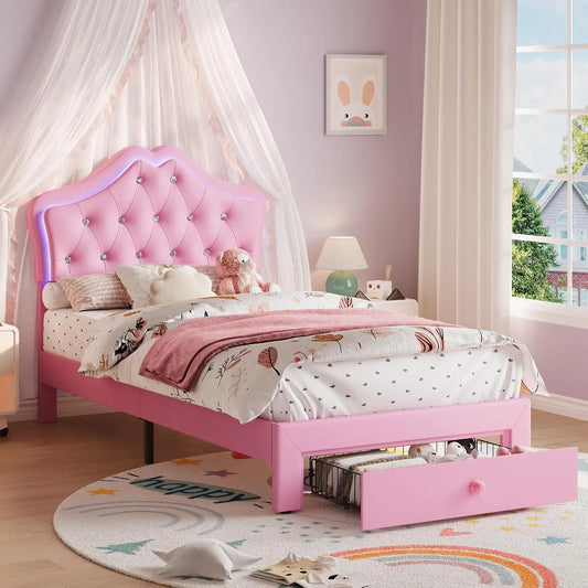 Twin XL Bed Frame With LED Headboard Storage Drawer Velvet Upholstered Platform Bed Crystal Button Noise Free No Box Spring