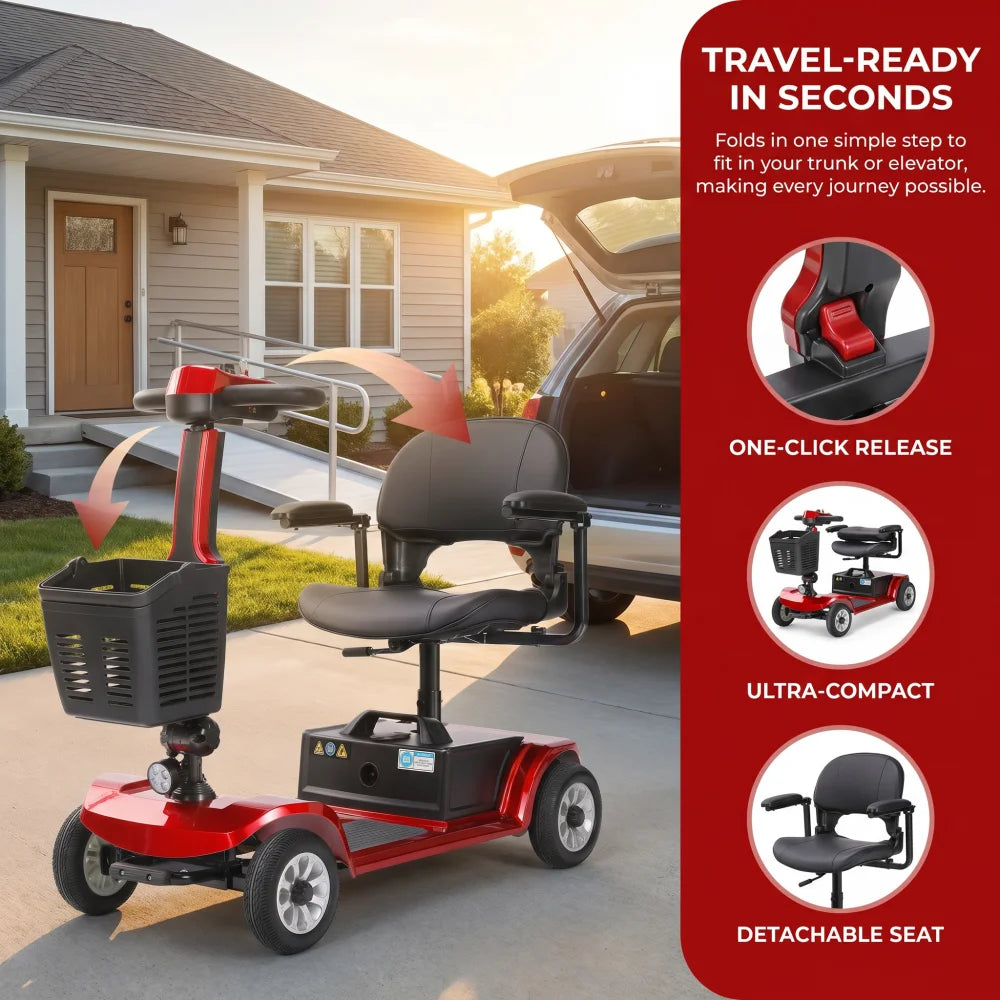 Unificare Red Portable Folding Mobility Scooter Ideal for Adults and Seniors Practical Swivel Seat Stable Anti Tip Design Wear