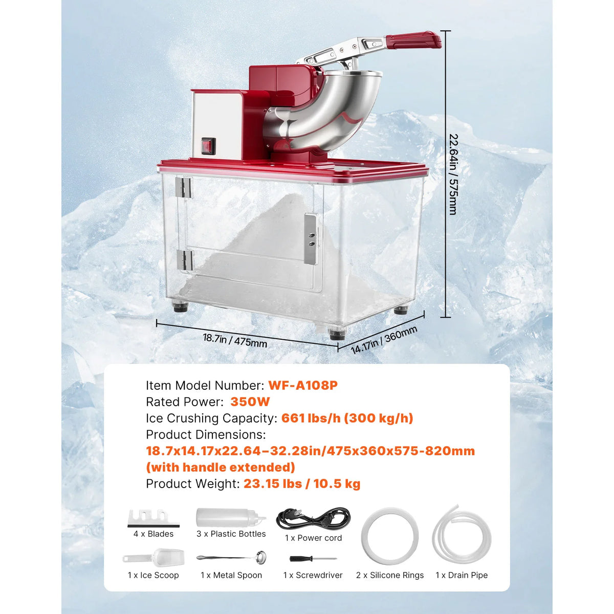 SucceBuy 661LBS/H Commercial Ice Crusher 350W Electric Snow Cone Machine with 4 Blades, 1400RPM Stainless Steel Shaved Ice Machine with 11 Gal Crushed-Ice Box, for Family Restaurants Bars