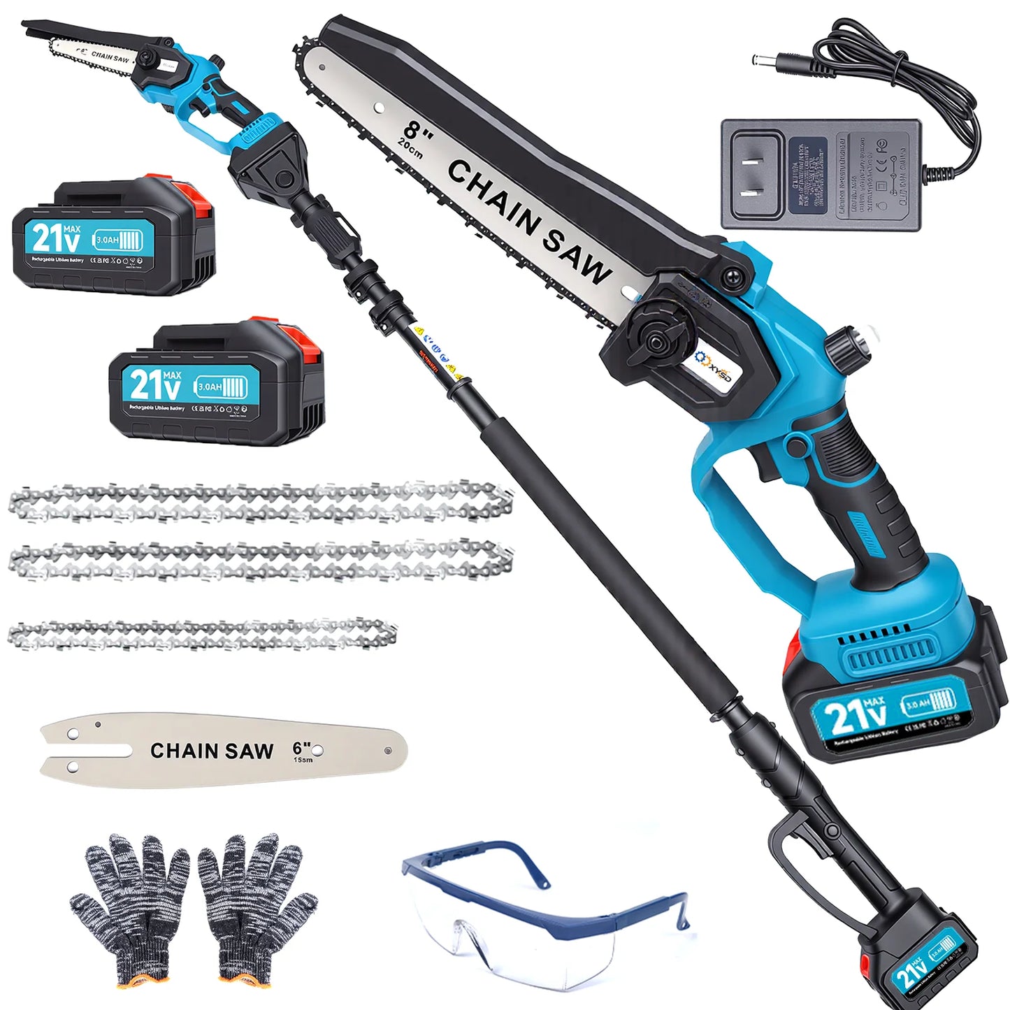 XYSD 2-in-1Cordless Pole Saw&Mini Chainsaw,6"&8"Electric Tree Trimmer with Extension Pole, Handheld Chain Saw for Branch Cutting