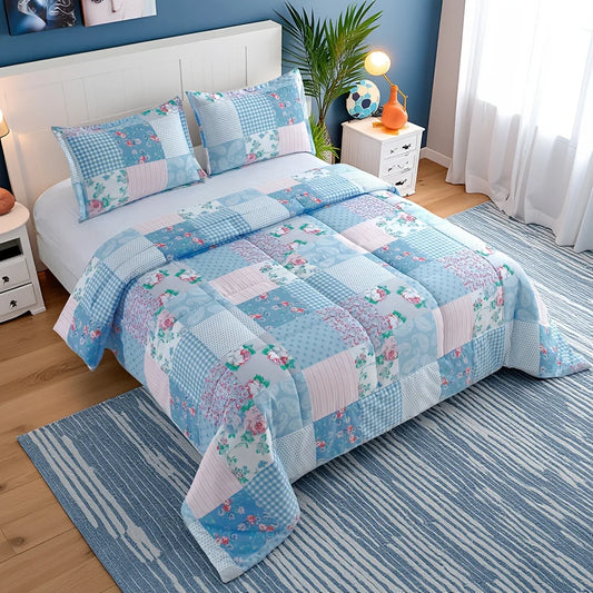 2/3pcs Luxury Comforter Set, Blue Checkered Floral Design, Lightweight Quilt Set For All Seasons, Super Soft Bedding Set For Deep Sleep, Includes 1 Comforter And 1 Or 2 Pillowcases, Bed In A Bag, Machine Washable, Perfect Gif