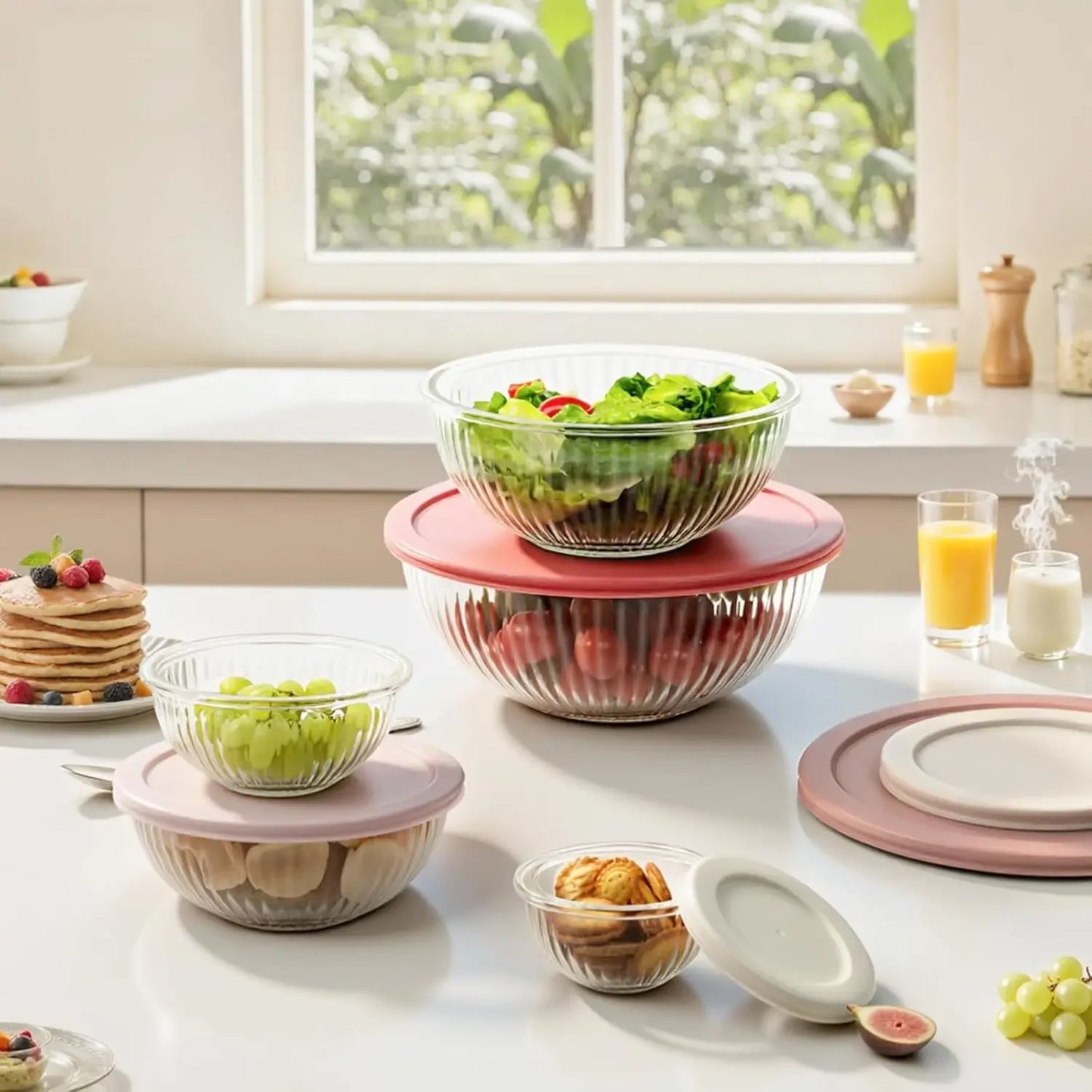 Glass Mixing Bowls with Lids Sets, 5 Packs Glass Bowls with Lids for Kitchen Baking, Meal Prepping and Salad, Bpa Free and Dishwasher Safe Serving Bowls, 0.2/0.5/1.1/2.1/3.7Qt
