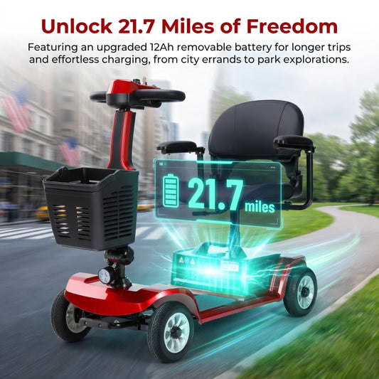 Unificare Red Portable Folding Mobility Scooter Ideal for Adults and Seniors Practical Swivel Seat Stable Anti Tip Design Wear