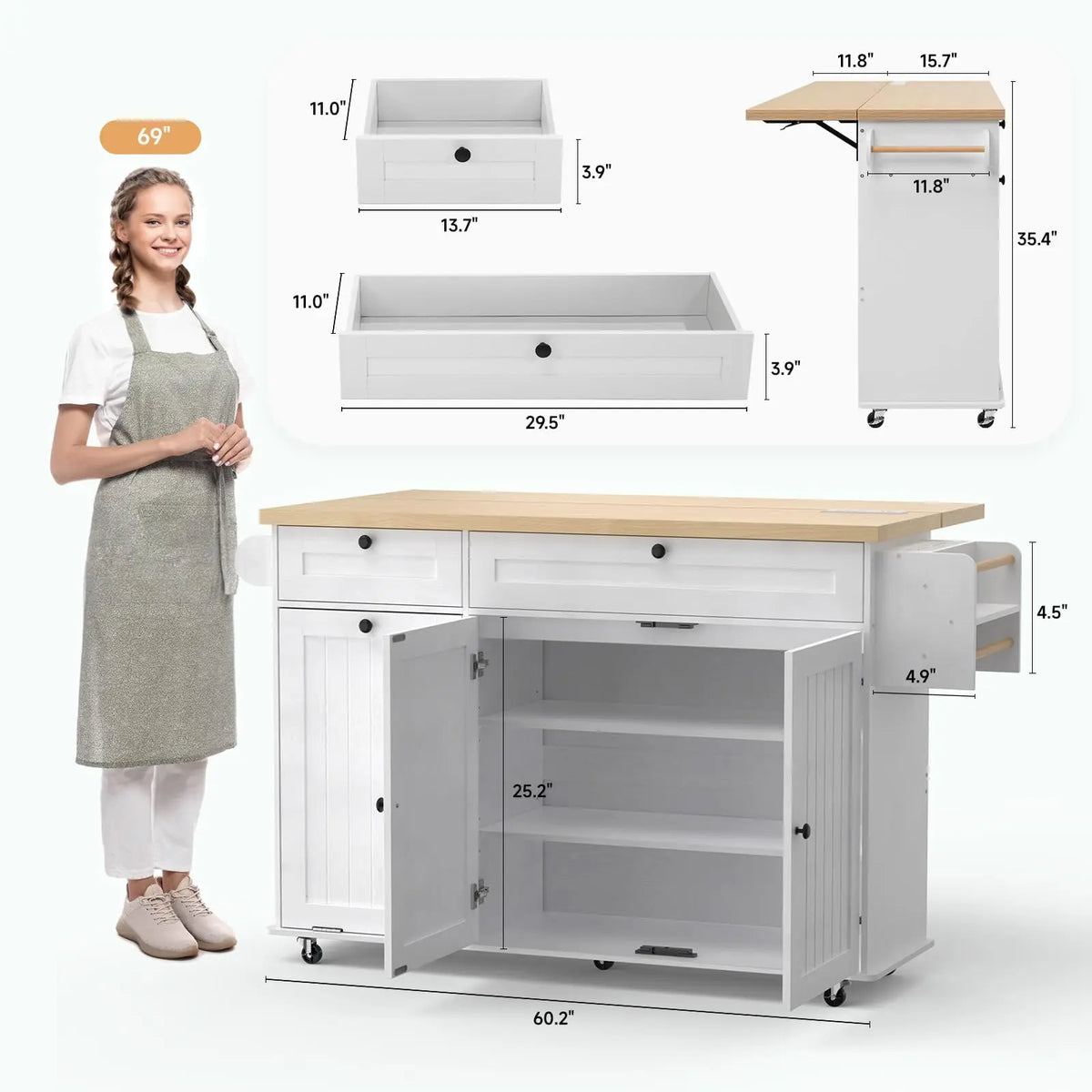 Onbrill Rolling Kitchen Island With Spice Rack And Drawer