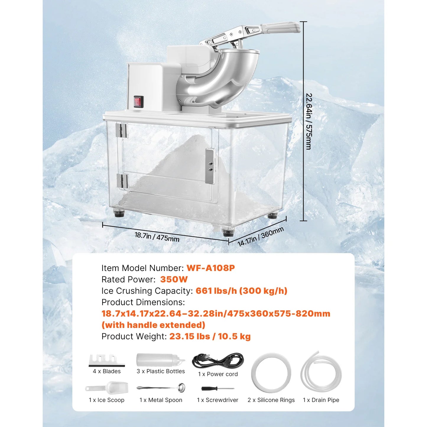 SucceBuy Commercial Ice Crusher 661LBS/H 350W Electric Snow Cone Machine Stainless Steel Shaved Ice Machine for Restaurants Bars