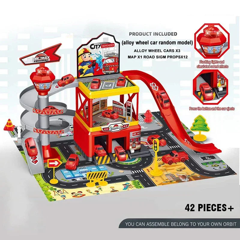 Children's Track Parking Lot Toys Multi-Storey Car Parking Building Rail Car Inertia Vehicle Engineering Racing Car Toys for Boy