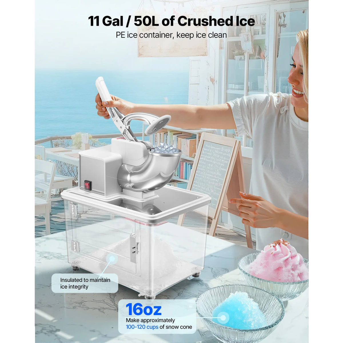 SucceBuy 661LBS/H Commercial Ice Crusher 350W Electric Snow Cone Machine with 4 Blades, 1400RPM Stainless Steel Shaved Ice Machine with 11 Gal Crushed-Ice Box, for Family Restaurants Bars
