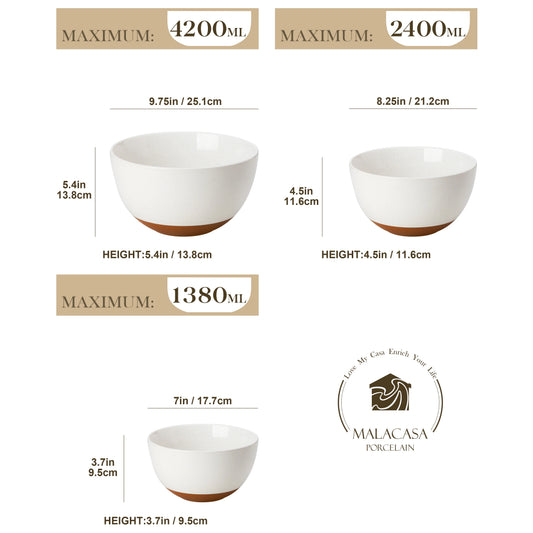 MALACASA 3/6 Piece Ceramic Large Mixing Bowls Stoneware Large Serving Bowls for Cooking Baking/Salad/Soup/Pasta/Nesting Bowls