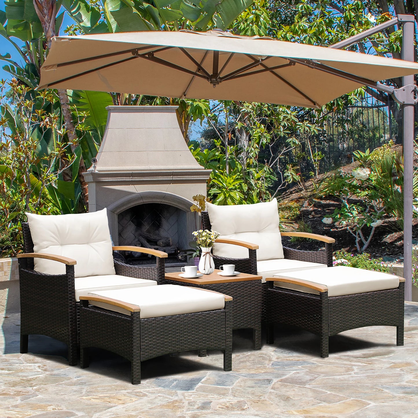 HOMASIS 5-Piece Patio Rattan Sofa Set With Wood Top Table