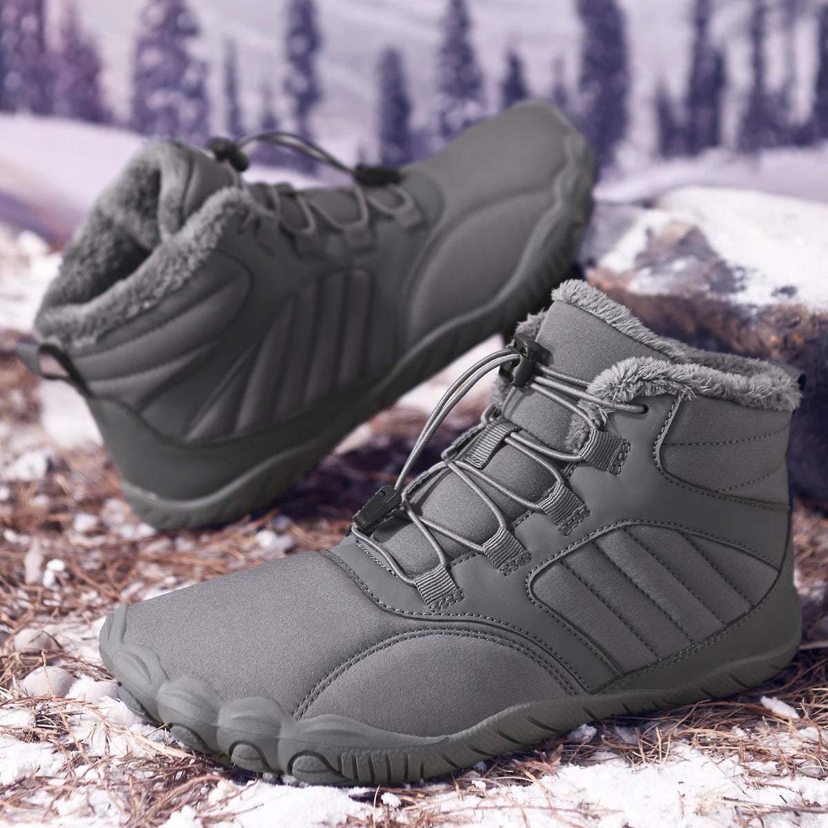Unisex Winter Fleece Lined Barefoot Snow Boots Five Toe Wide Toe Box Quick Lock Laces Non Slip Warm Outdoor Hiking Trekking Minimalist Cold Weather Walking Casual Footwear