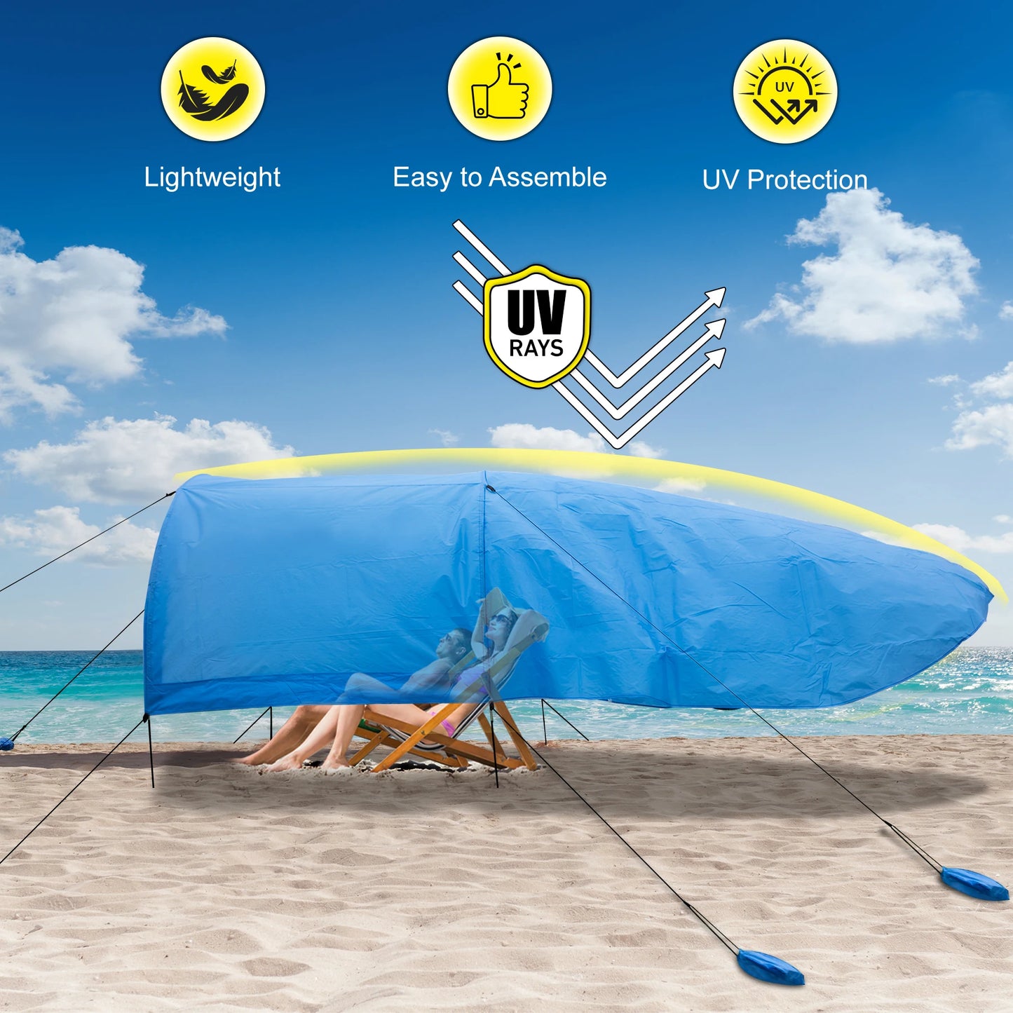 New Beach Shade with Quiet Canopy, The Beach Shade Canopy，Beach Canopy - Covers Up to 8 People, 200 Sq. Ft. of Shade, Sets Up in 3 Minutes, Lightweight, Compact, Wind Assist Included