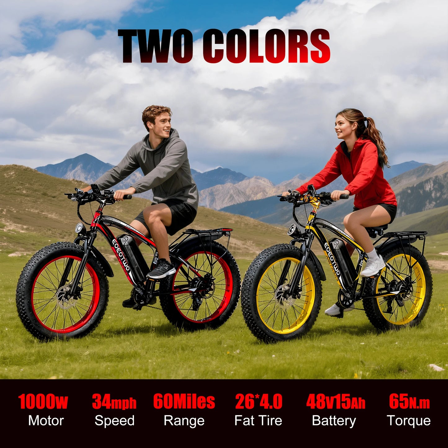 EOEOTWO 1500W Fat Tire Electric Bike 34MPH 48V Ebike