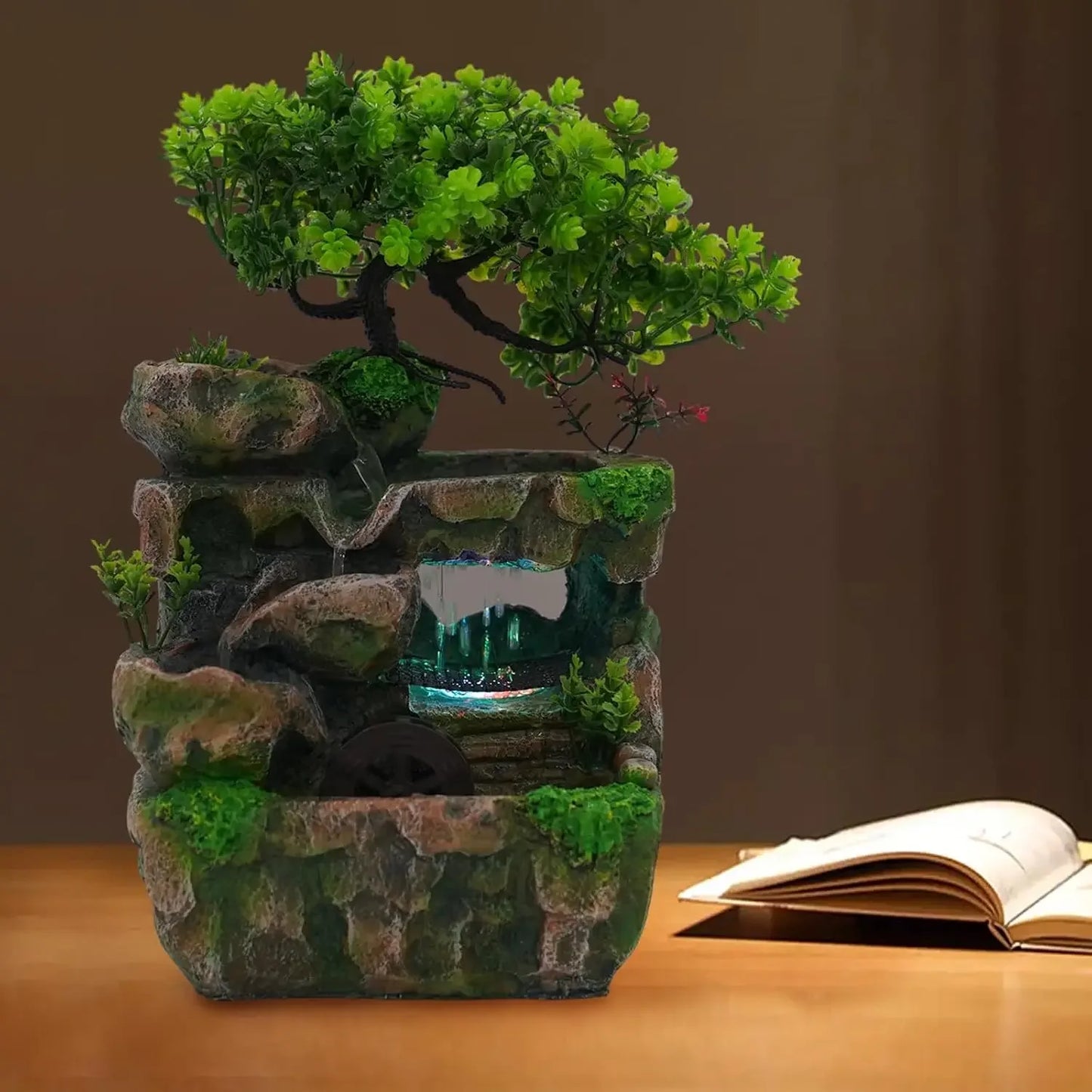 Tabletop Waterfall Fountain With LED Light For Home Office