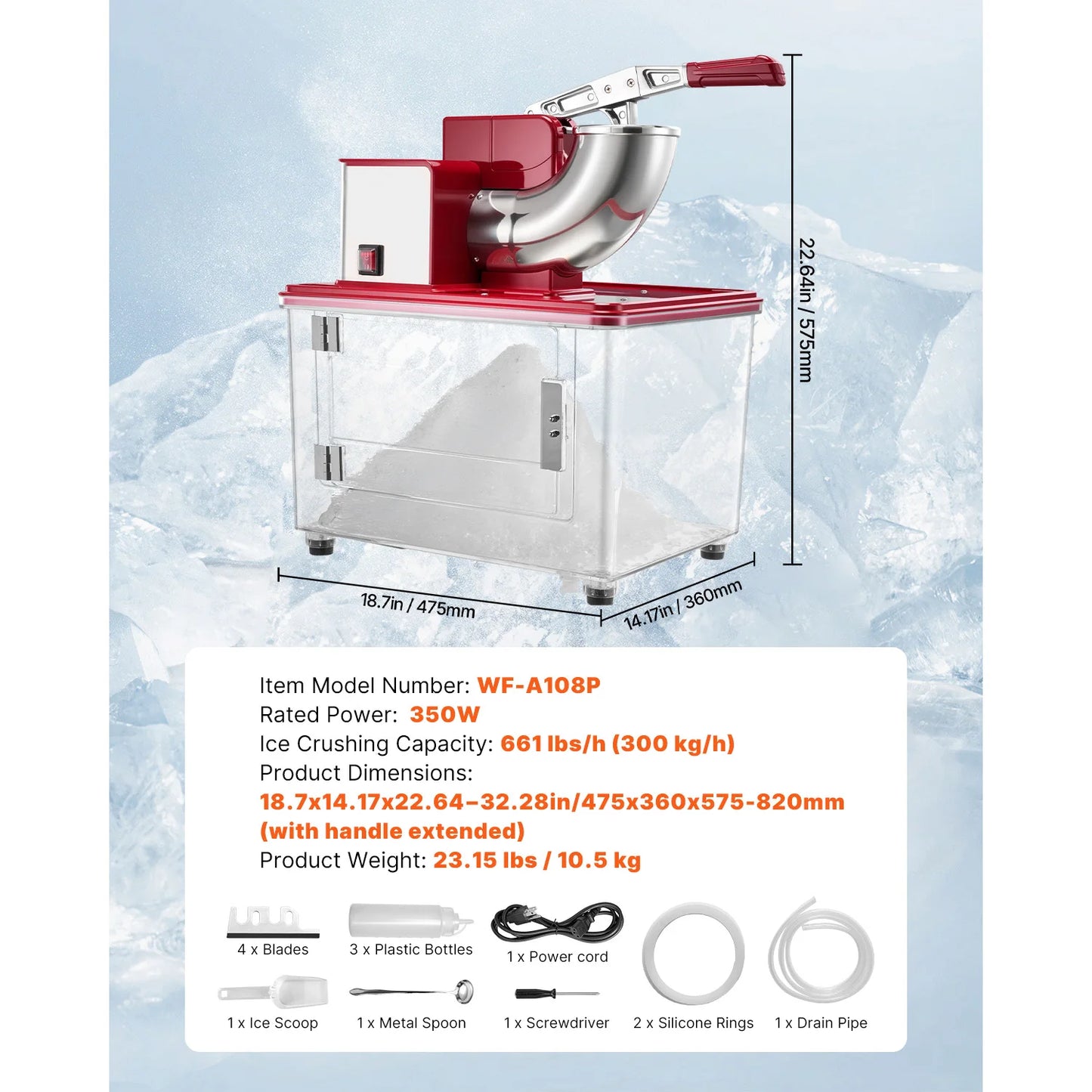 SucceBuy Commercial Ice Crusher 661LBS/H 350W Electric Snow Cone Machine Stainless Steel Shaved Ice Machine for Restaurants Bars