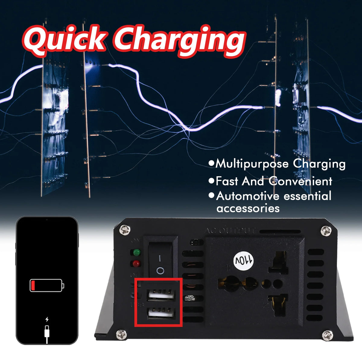 Car Converter Power Inverter DC 12V To AC 110V Converter LCD 3000W Dual USB LCD Display Solar Inverters Portable Power Bank