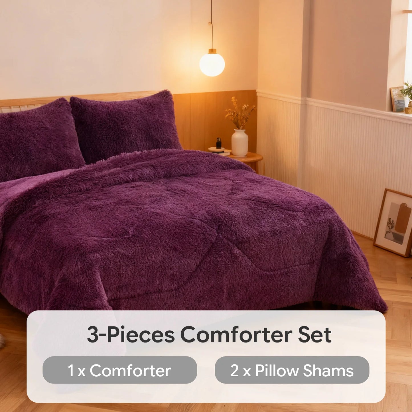 3pc Solid Color Shaggy Comforter Set Luxury PV Faux Fur & Soft Velvet Back Ultra Plush Warm Winter Quilt Thick Minky Fleece Cozy