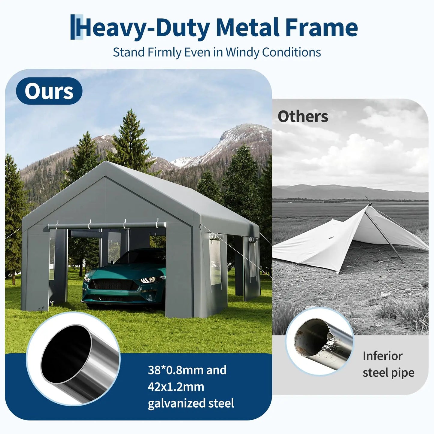 13x20 Heavy Duty Carport Canopy, Portable Garage Shelter With Roll Up Doors Mesh Windows, Galvanized Steel Frame