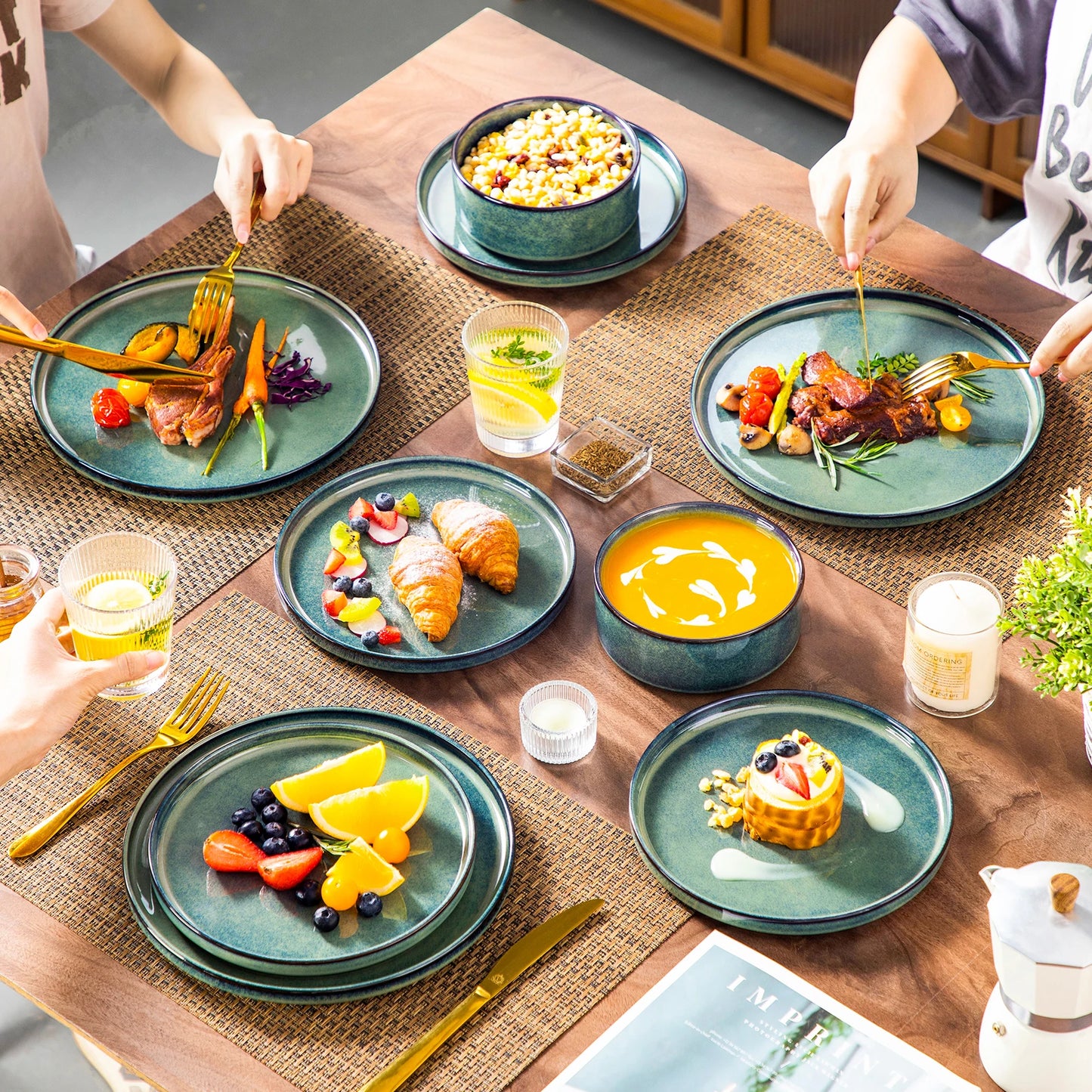 vancasso 12/24/36Piece Dinner set Black Green Reactive Glaze Vertical edge Dinnerware set with 4PCS Dinner Plate/ Dessert/Bowl