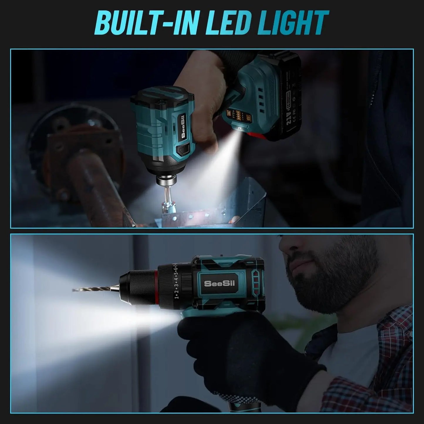 SEESII 3/8'' Drill & 1/4'' Impact Driver 21V Cordless Electric Brushless Drill Impact Wrench Variable Speed Screwdriver Battery Powered Tool Kit with 2x4.0Ah Batteries LED Light