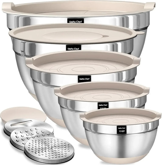 Mixing Bowls with Airtight Lids Set, 8PCS Stainless Steel Nesting Bowls with Grater Attachments, Non-Slip Bottoms, 5, 4, 3.5, 2, 1.5QT for Mixing & Serving
