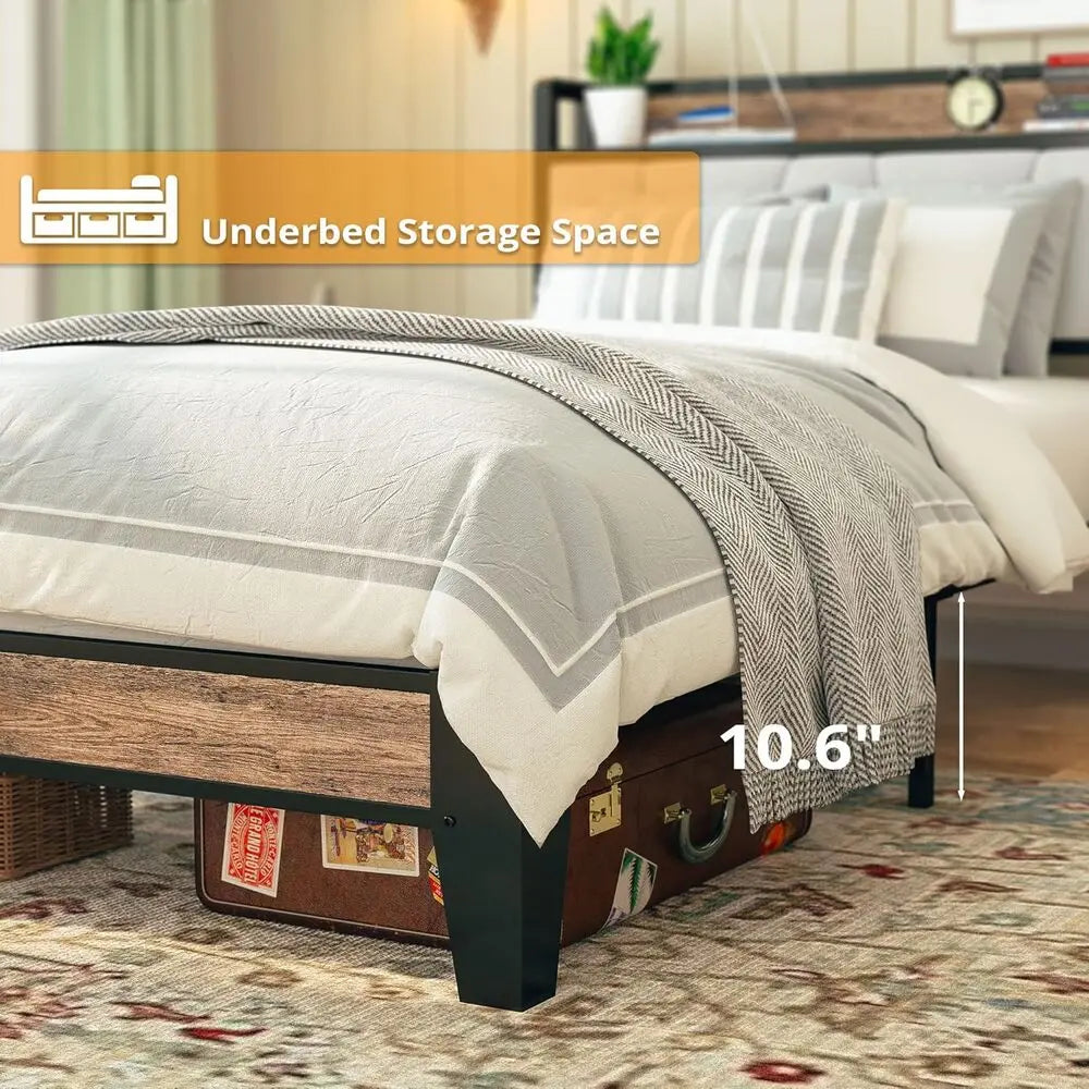 LIKIMIO Twin Bed Frames,Storage Headboard with Charging Station,Solid and Stable, Noise Free, Easy Assembly,No Box Spring Needed