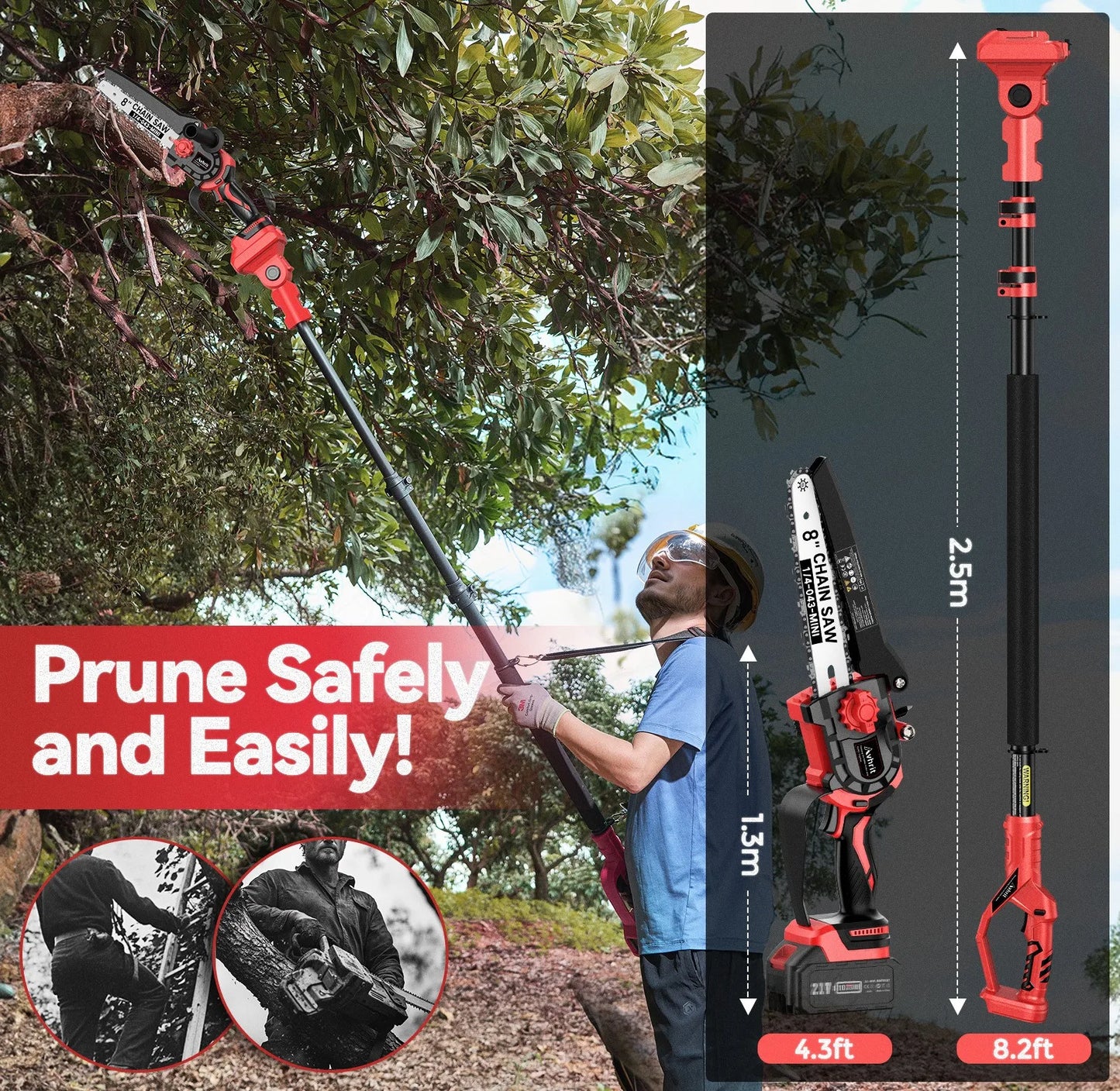 Avhrit 2-in-1 Mini Chainsaw & Electric Pole Pruner 8 Inch 8000 mAh (2×4.0Ah) Batteries Brushless Motor  Extendable Pole up to 4.9 m 120° Pivoting Cutting Head Automatic Lubrication System