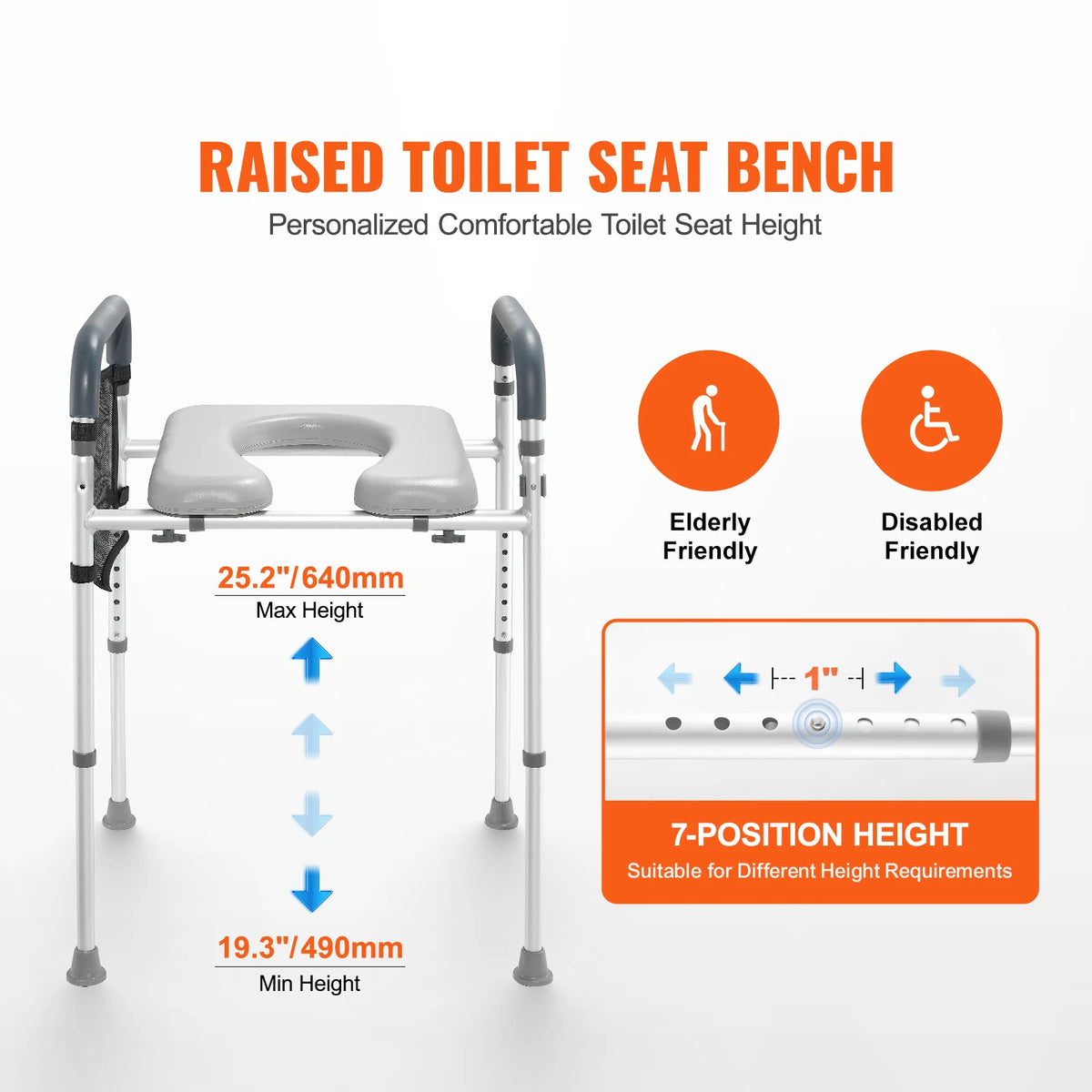 SucceBuy Raised Toilet Seat 7-Position Height Adjustment 19.3" - 25.2" 350lbs Weight Capacity with Comfort Padded Aluminum Frame