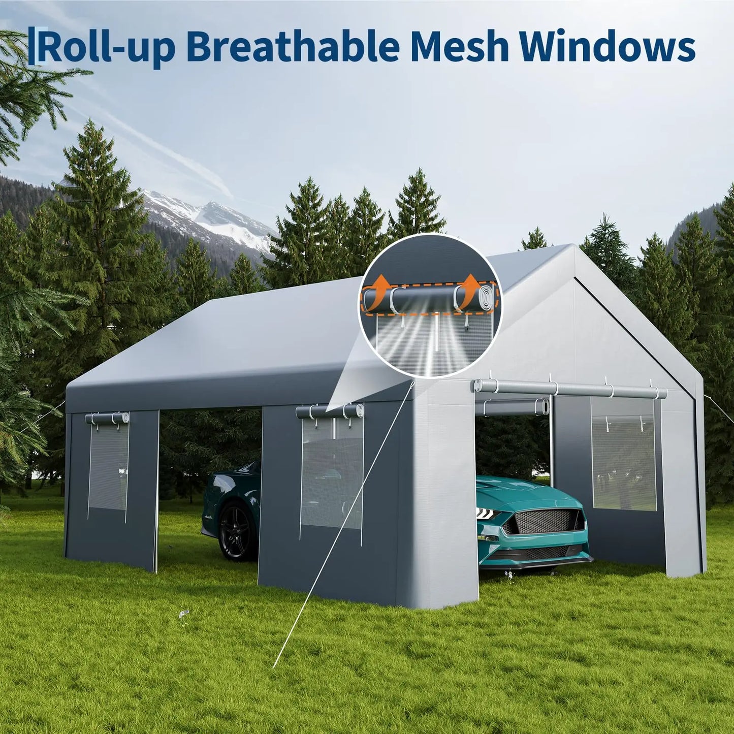 13x20 Heavy Duty Carport Canopy, Portable Garage Shelter With Roll Up Doors Mesh Windows, Galvanized Steel Frame