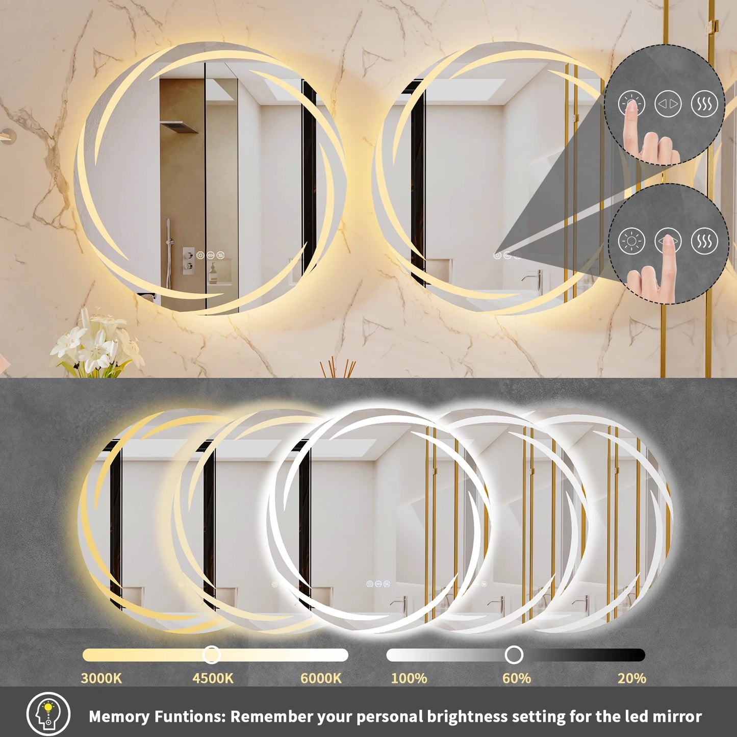 60/80CM LED Bathroom Mirror Circle Backlit HD Wall Antifog Vanity Mirror Shatterproof 3 Colors Lights Dimmable
