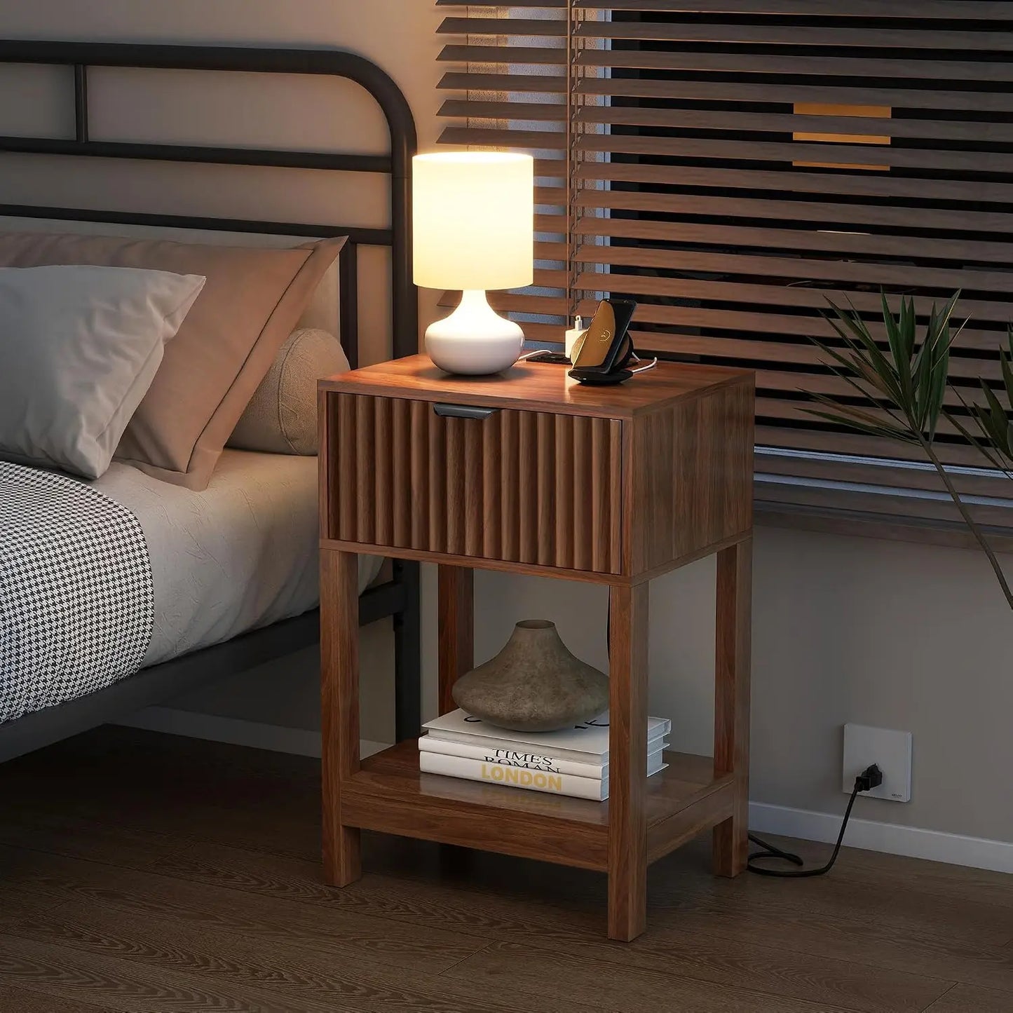 Fluted Nightstand Set 2 with Charging Station, Wood Bedside Table with Drawer & Shelf, Modern End Table for Bedroom, Walnut