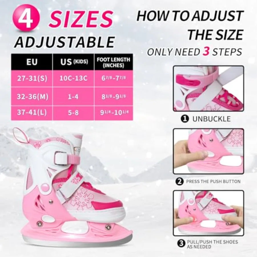 Adjustable Ice Skates - 4 Size Adjustable Hockey Lace-Up Skates with Warm Plush Lining, Triple Safety Ankle Support, Stainless