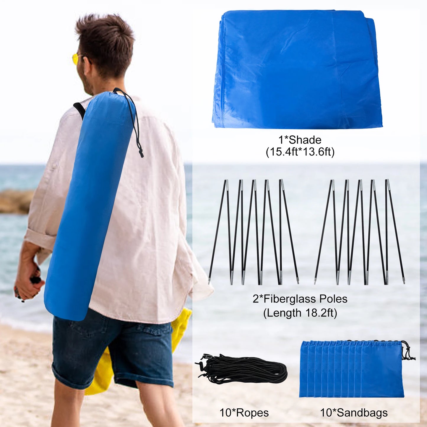 New Beach Shade with Quiet Canopy, The Beach Shade Canopy，Beach Canopy - Covers Up to 8 People, 200 Sq. Ft. of Shade, Sets Up in 3 Minutes, Lightweight, Compact, Wind Assist Included