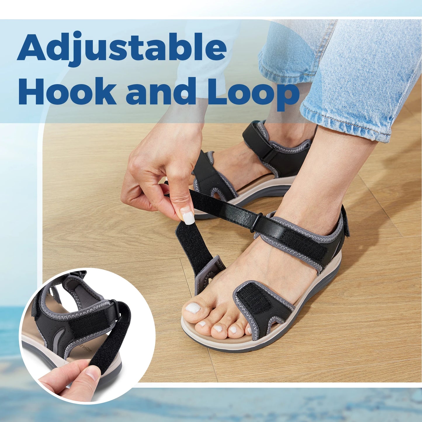 FitVille Women Orthopedic Summer Beach Flat Sandals Open Toe Orthotic Sandals Adjustable Ankle Strap, Wide Fit Arch Support Comfort Sandals for Swollen Feet, Flat Feet, High Instep & Foot Pain Relief