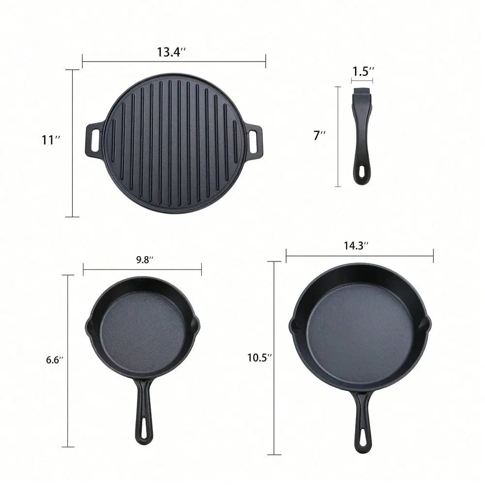 4-Piece Cast Iron Skillet Set With Handles And Griddle, Pre-Seasoned, 6", 10.5", 11"