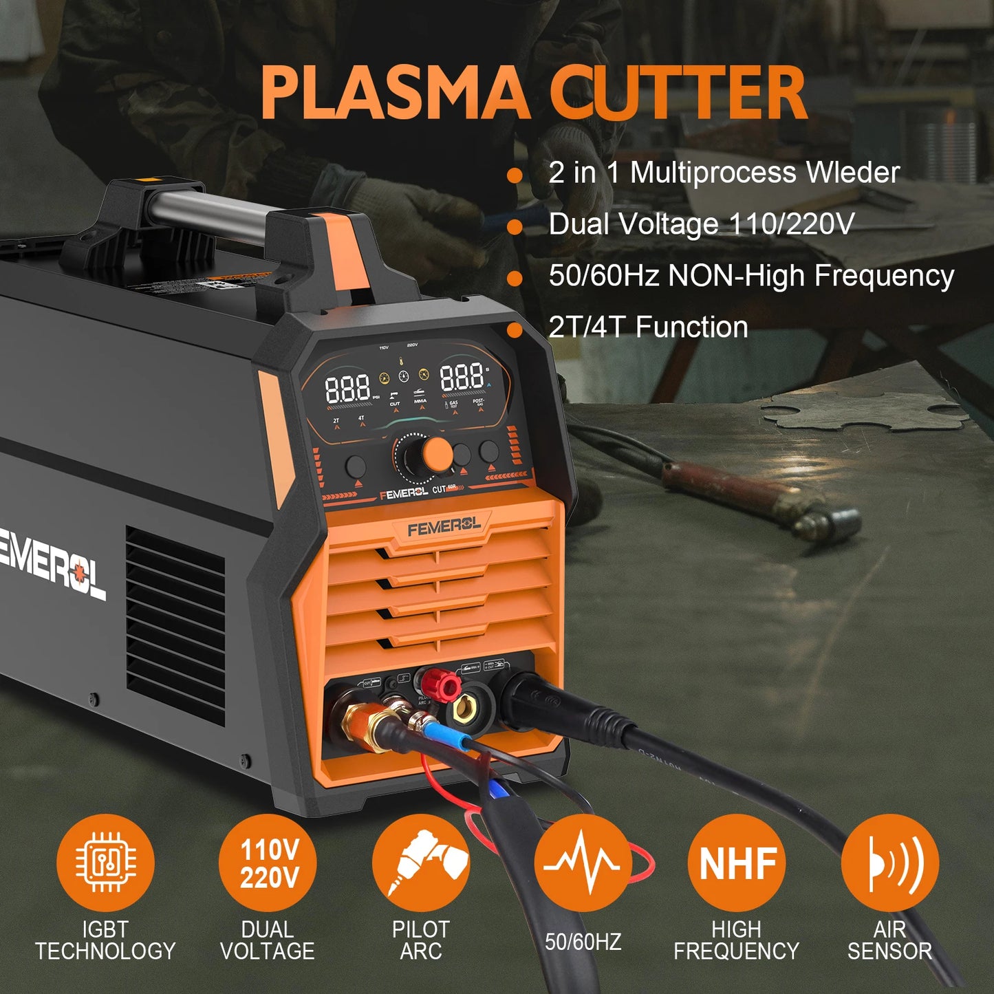 FEMEROL 2 In 1 60A Plasma Cutter 110/220V 200A Stick Welder Non-Touch Pilot Arc Large LED Display IGBT Plasma Cutting Machine