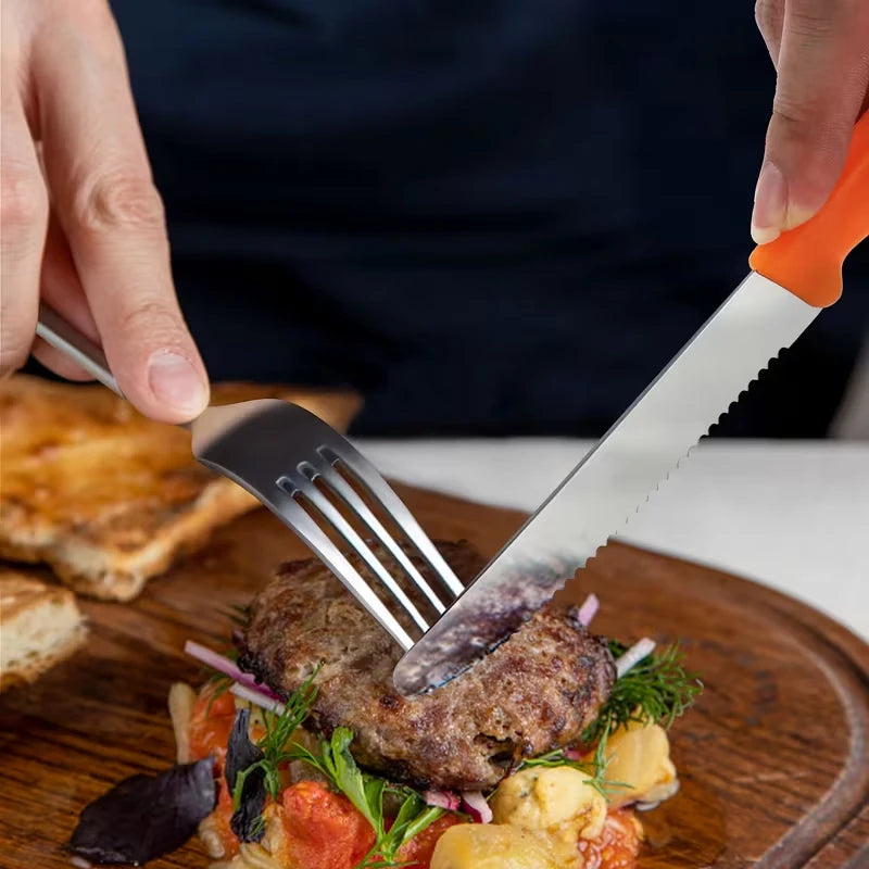 6Pcs Colorful Serrated Steak Knives Set Stainless Steel Sharp Table Cutlery Multi Color Non Slip Handle Western Dinner Knife For Home Restaurant BBQ Meat Cutting Kitchen Tool