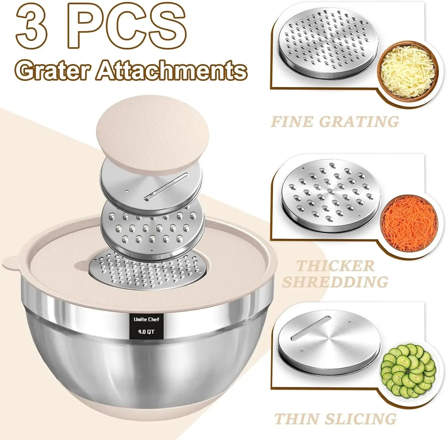 Mixing Bowls with Airtight Lids Set, 8PCS Stainless Steel Nesting Bowls with Grater Attachments, Non-Slip Bottoms, 5, 4, 3.5, 2, 1.5QT for Mixing & Serving