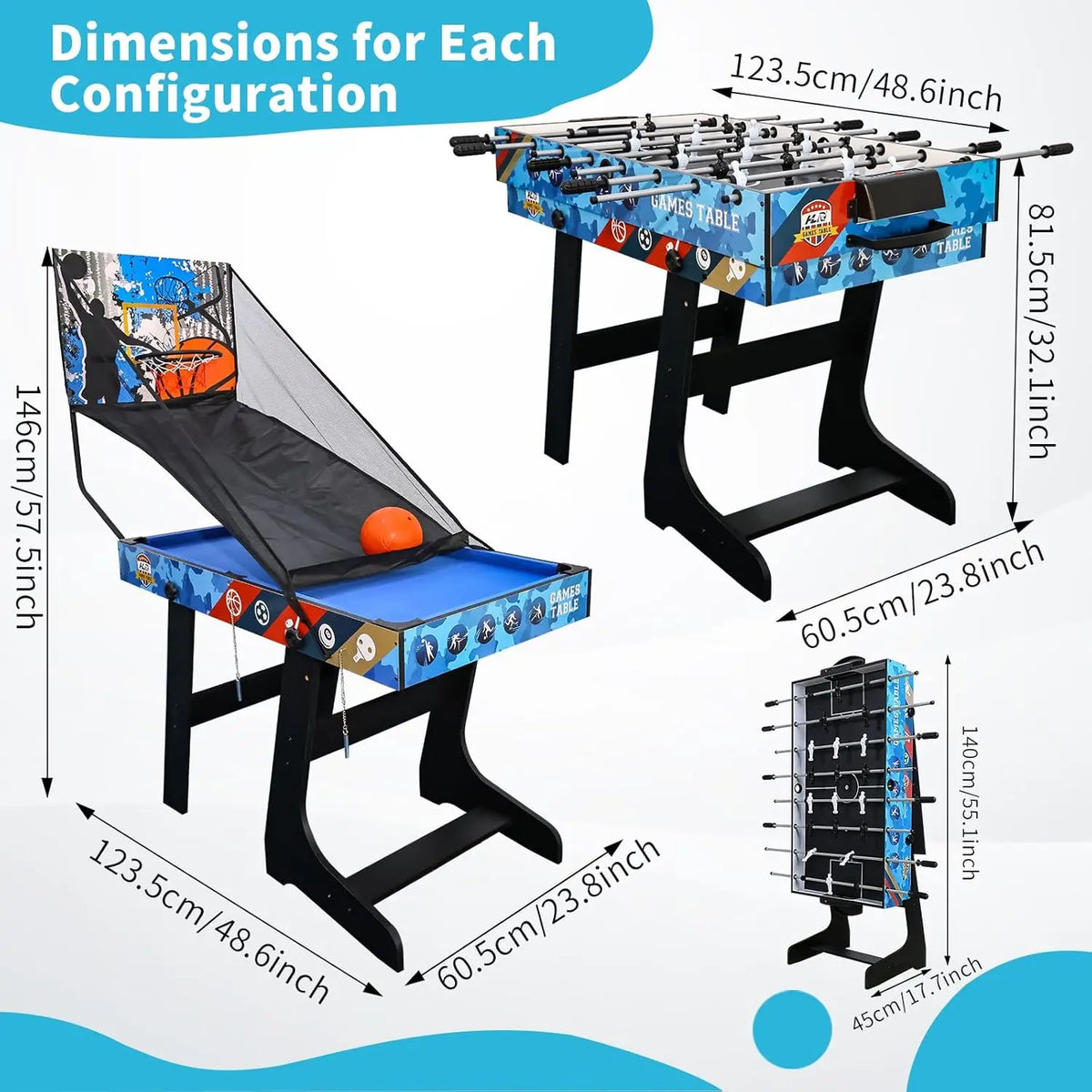 5-in-1 multifunctional play table set for children: tennis table, billiard, football table, air hockey, basketball