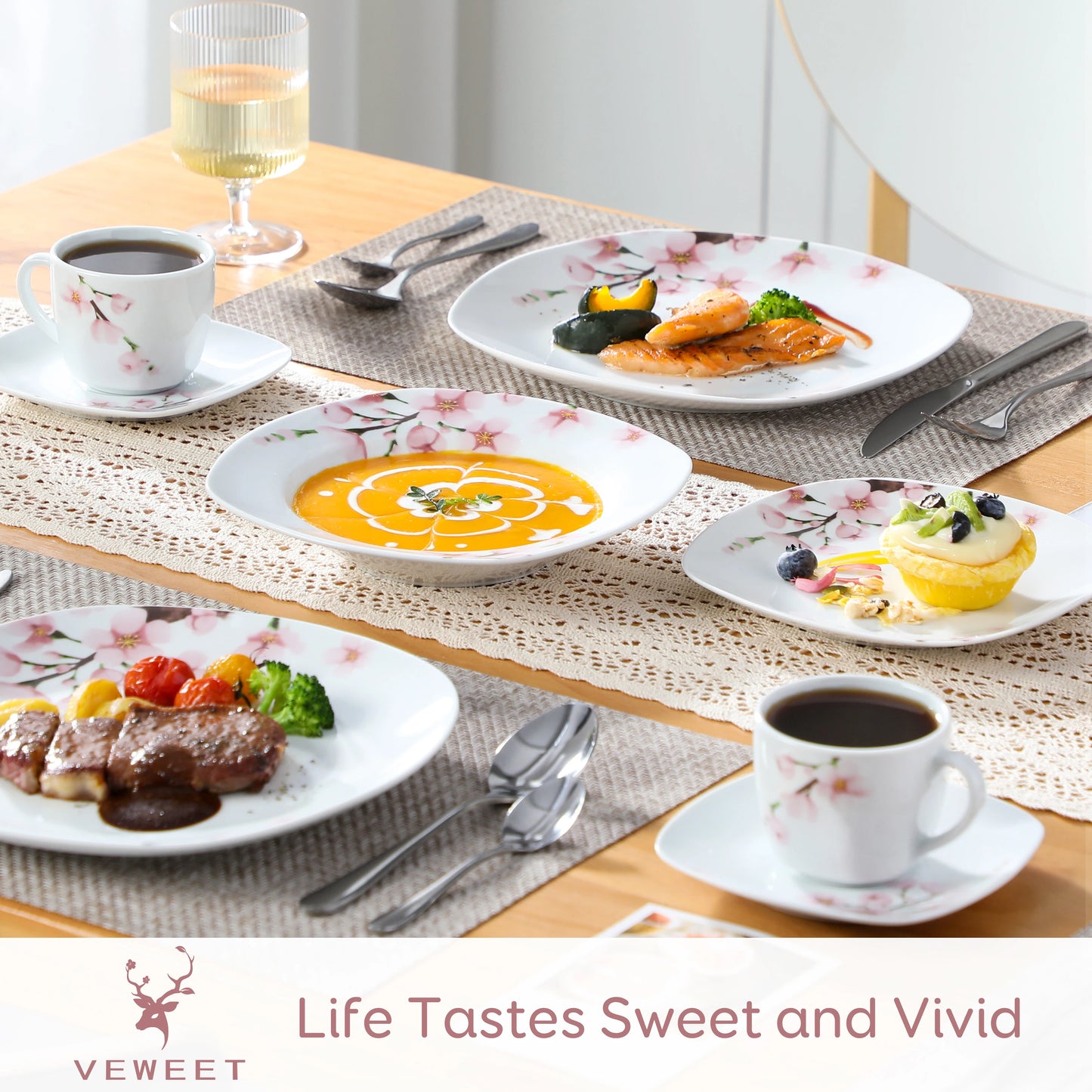 VEWEET ANNIE 30/24/20 Pcs Porcelain Dinnerware Set Pink Floral Plates Dinner Set with Dinner Plate/Dessert/Soup/Cup/Saucer