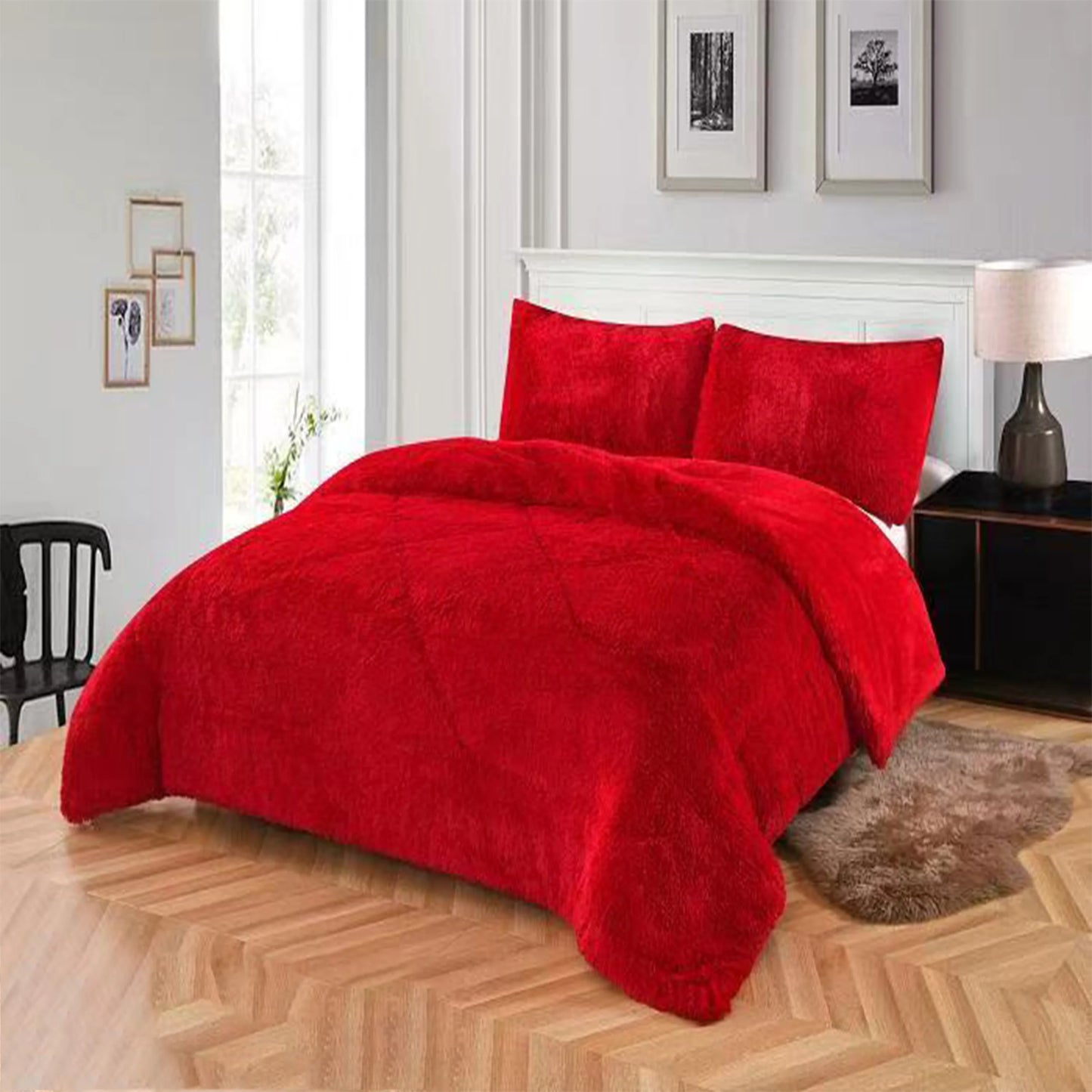 3pc Solid Color Shaggy Comforter Set Luxury PV Faux Fur & Soft Velvet Back Ultra Plush Warm Winter Quilt Thick Minky Fleece Cozy
