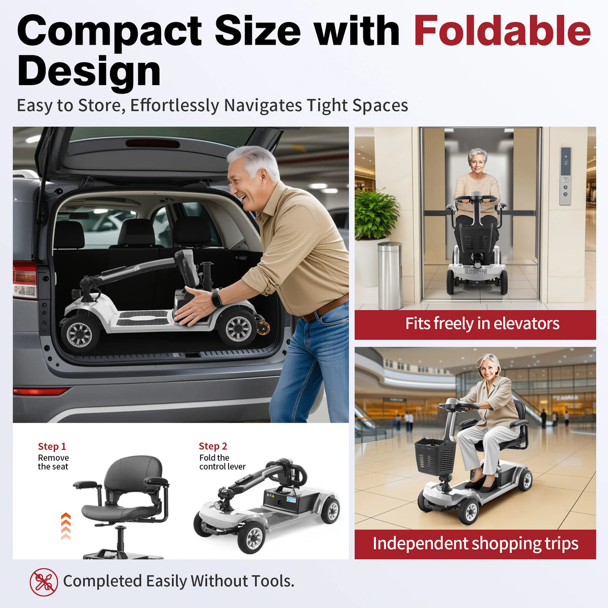 Unificare Silver 12Ah Foldable 4 Wheel Mobility Scooter Carbon Steel Frame with Electromagnetic Brake for Seniors and Adults