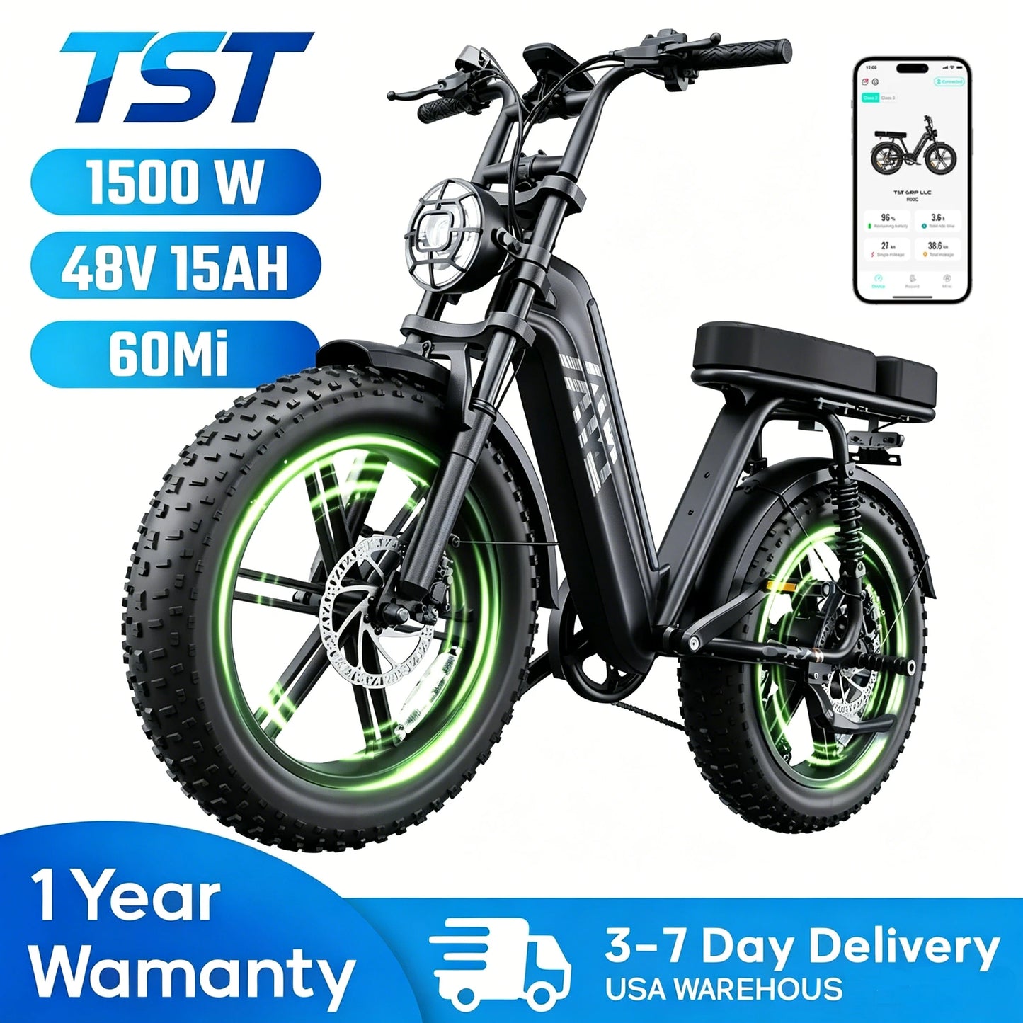 TST 1500W Electric Fat Tire Bike 60 Mile Range