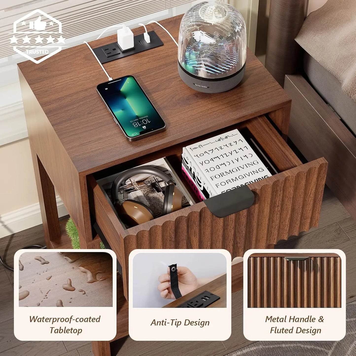 Fluted Nightstand Set 2 with Charging Station, Wood Bedside Table with Drawer & Shelf, Modern End Table for Bedroom, Walnut