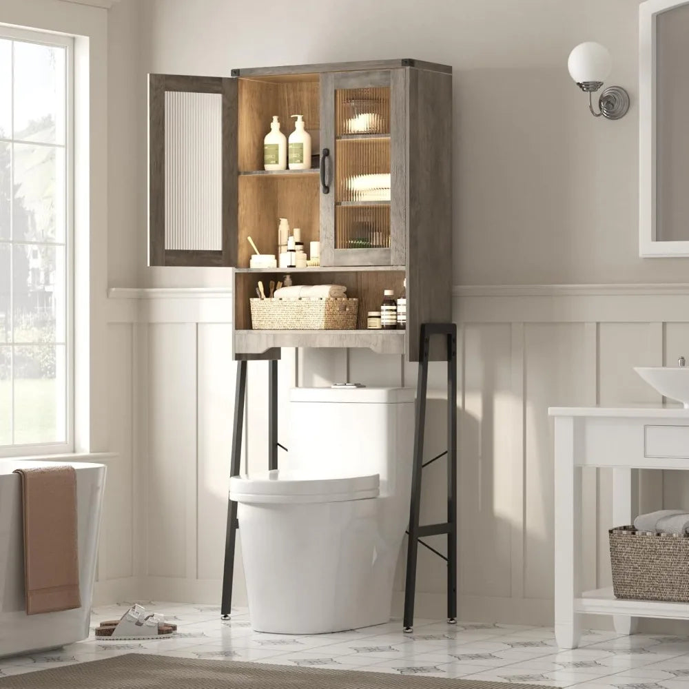 Bathroom Space-Saving Organizer: Metal Stand Over-the-Toilet Storage Cabinet with Tempered Glass Doors and Adjustable Shelves
