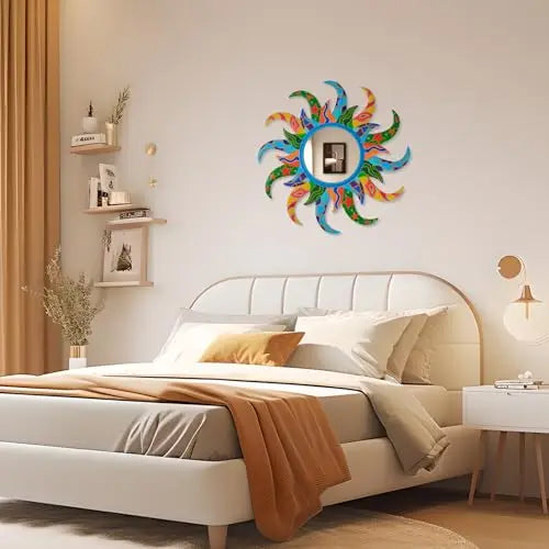 Vibrant Sunburst Metal Wall Mirror 25 Inch Boho Decor For Living Room Bedroom Entryway Bathroom Home Gift