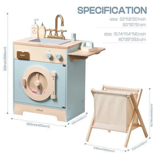 Robotime Robud Kitchen Washer Playset Play Kitchen Fridge Refrigerator Play Toy Oven Wooden Kitchen Playset for Kids Age 3+Blue