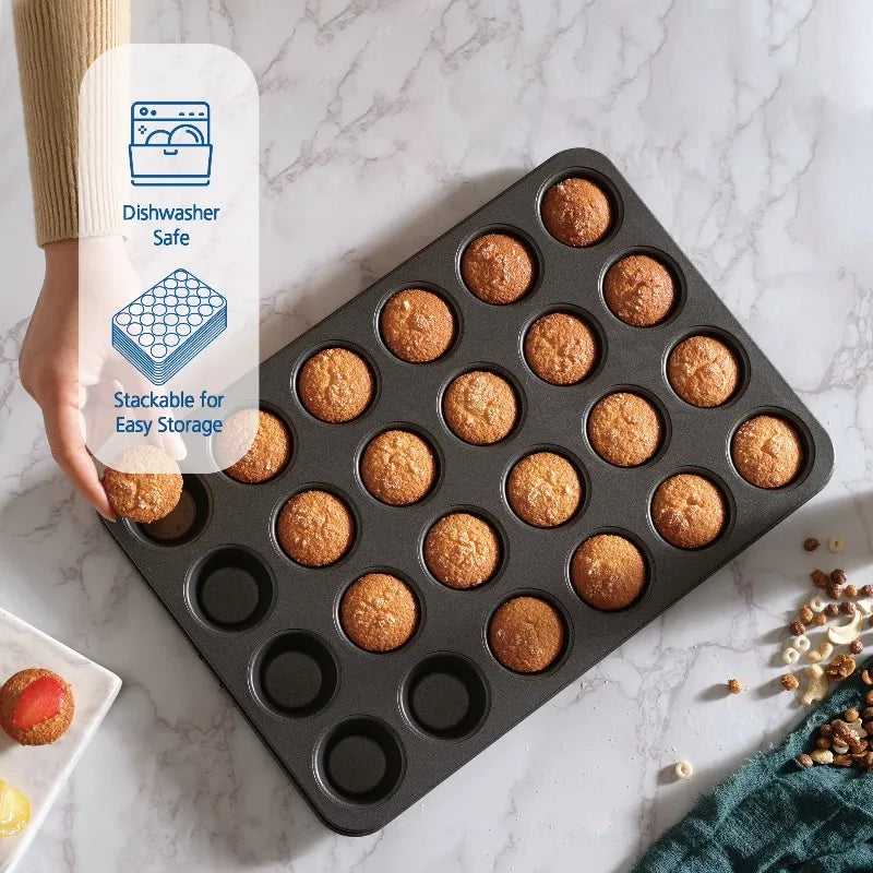 24 Cavity Mini Muffin Pan, Non-Stick Bakeware,1.8 inch Diameter Cups,Gray,Carbon Steel