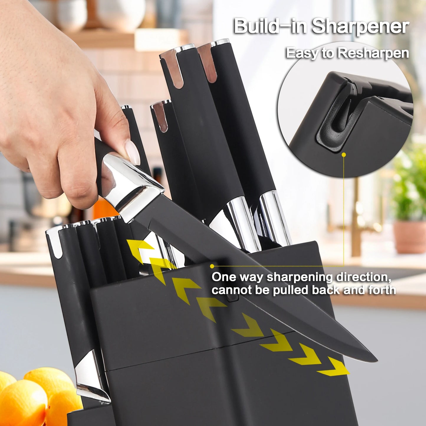 13Pcs Professional Kitchen Knife Block Set with 6 Steak Knives, High Carbon Stainless Steel Knives with Black Non-Stick Coating,