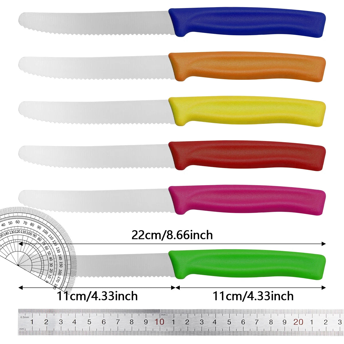 6Pcs Colorful Serrated Steak Knives Set Stainless Steel Sharp Table Cutlery Multi Color Non Slip Handle Western Dinner Knife For Home Restaurant BBQ Meat Cutting Kitchen Tool