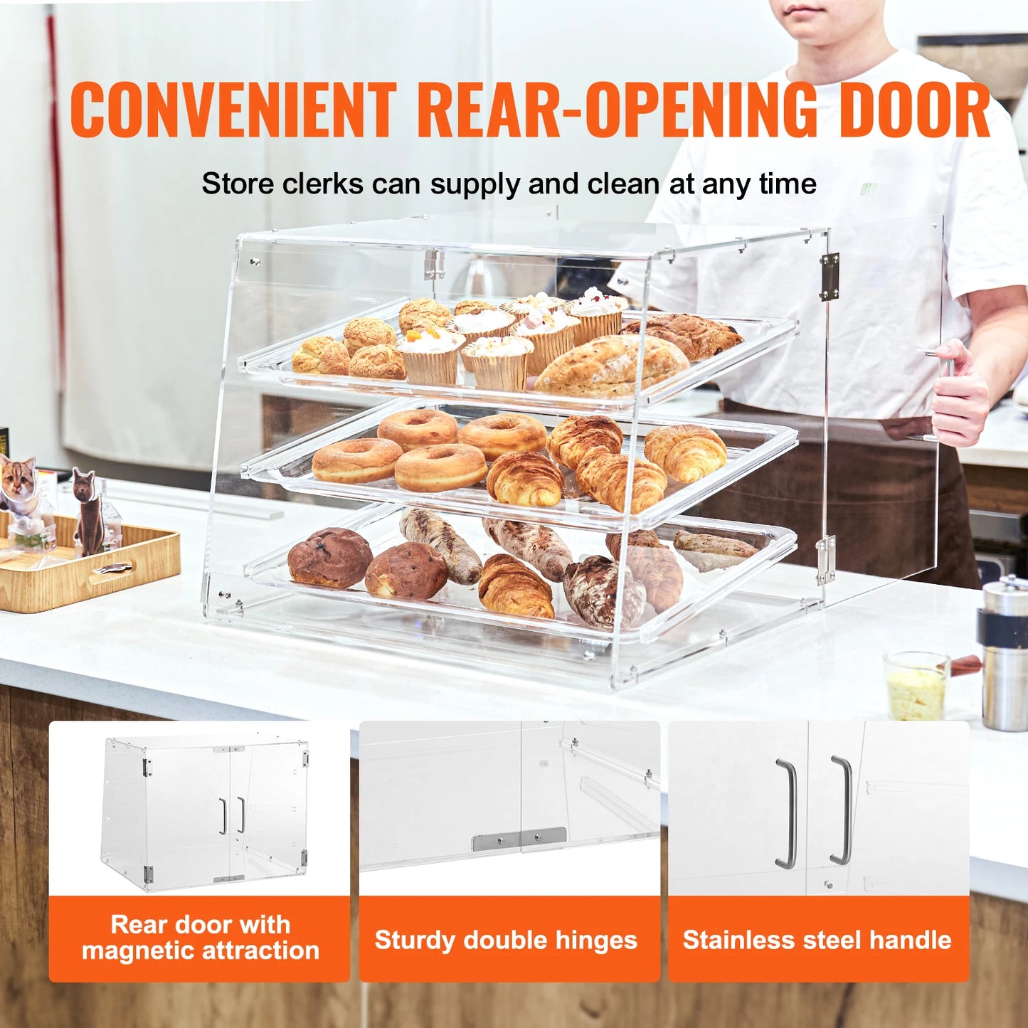 SucceBuy 3 Tier Clear Pastry Display Case Acrylic Commercial Countertop Bakery Display Case with Front and Rear Door for Bread
